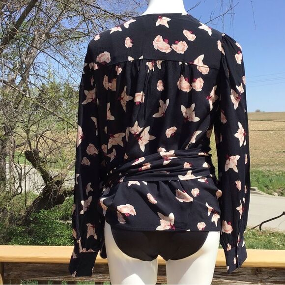ba&sh Koxie Floral Print Long Sleeve V-Neck Wrap Top Black New Size Large (8) - Picture 5 of 8